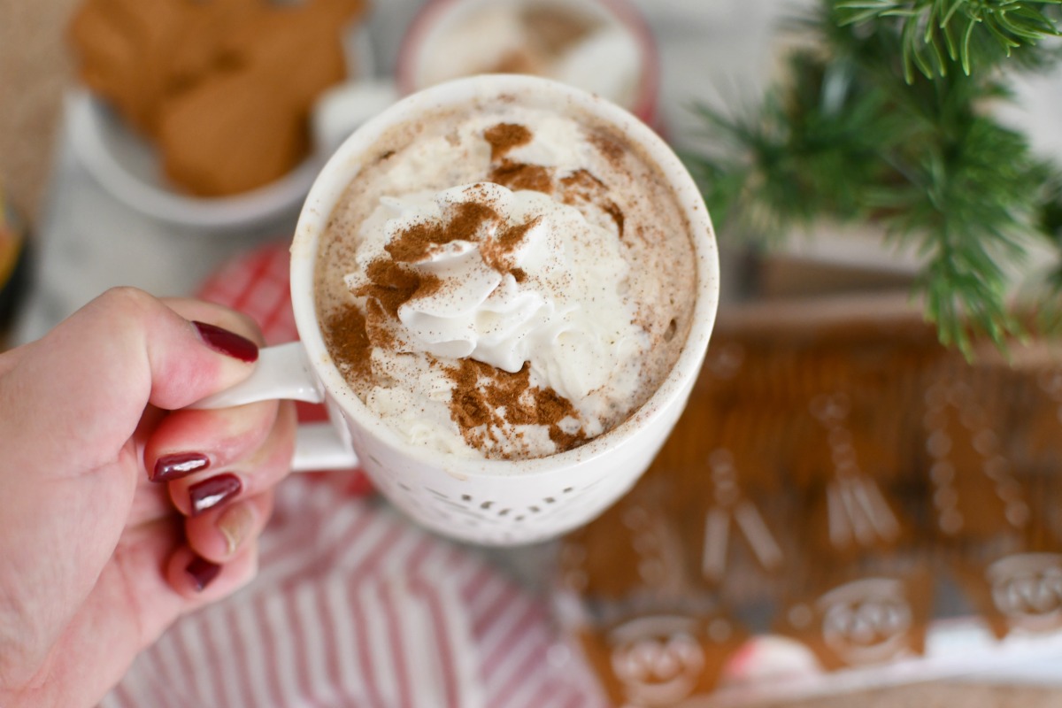 holding a Starbucks gingerbread latte in white mug