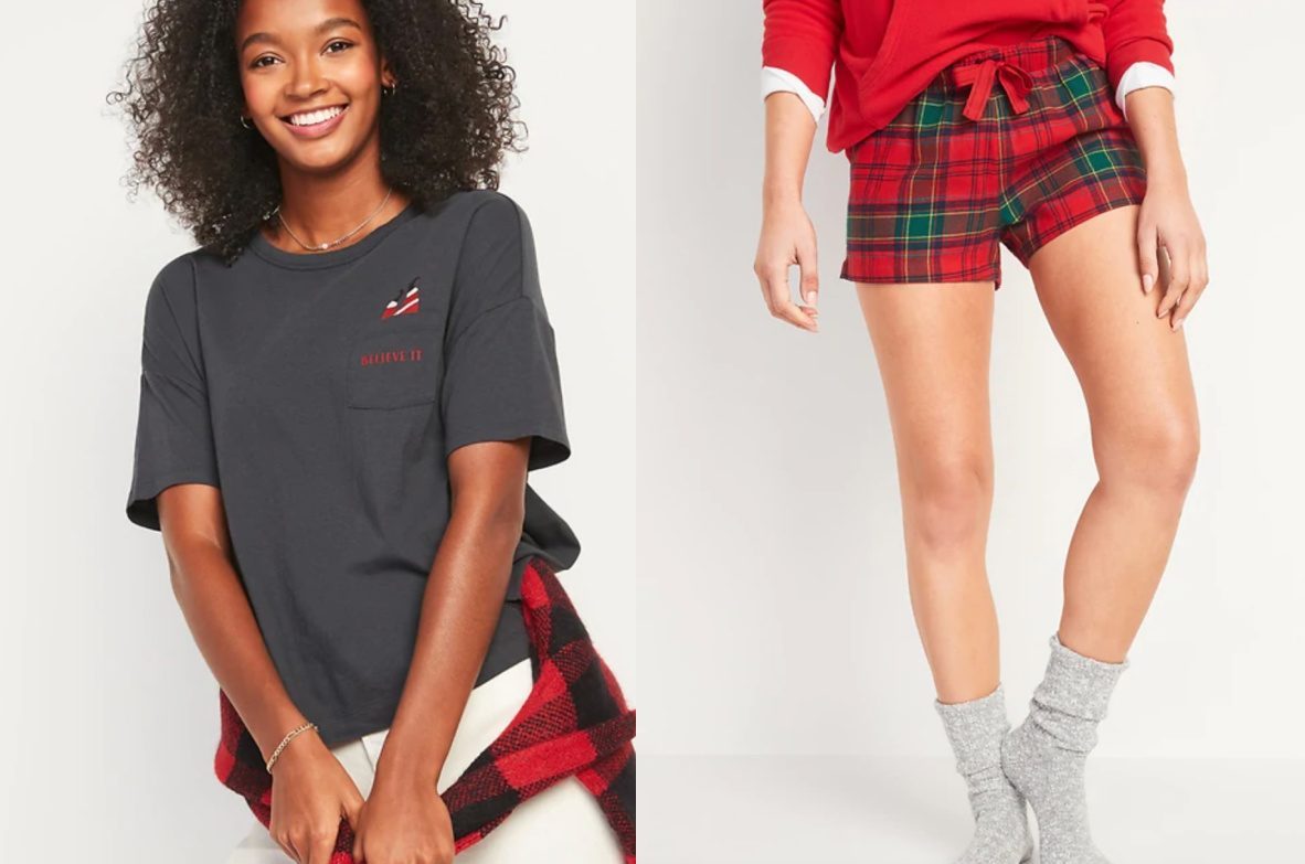 holiday pajamas at old navy christmas tee and flannel shorts