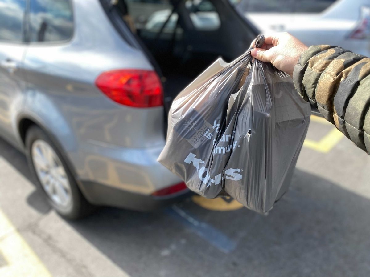 hand holding a Kohl's bag near their trunk