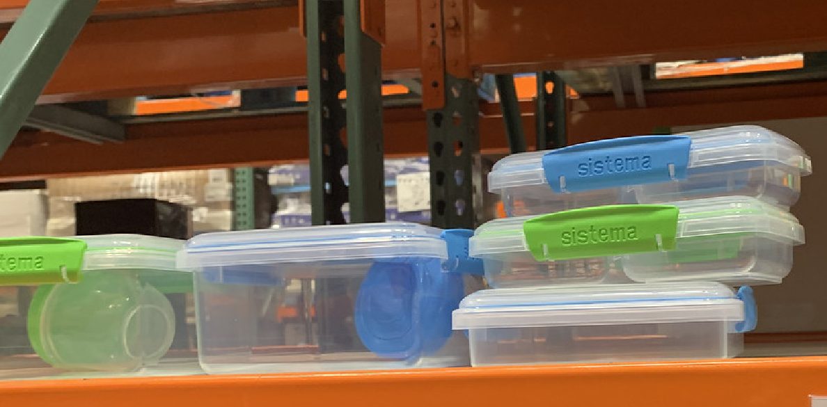 store shelf with display of plastic storage containers