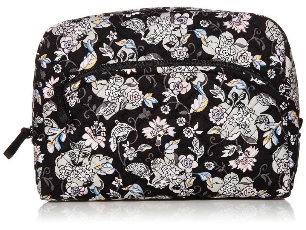 cosmetic bag in black and white floral print