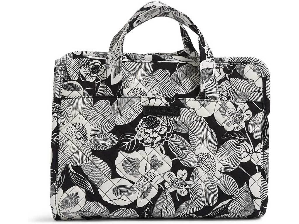 organizer bag in black and white floral print