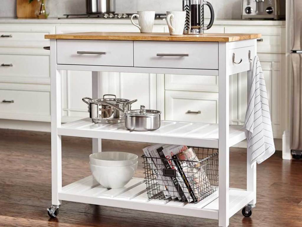 kitchen cart white with 2 drawers and 2 shelves