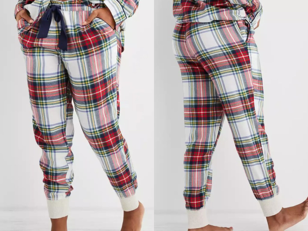 woman wearing plaid flannel pajama bottoms