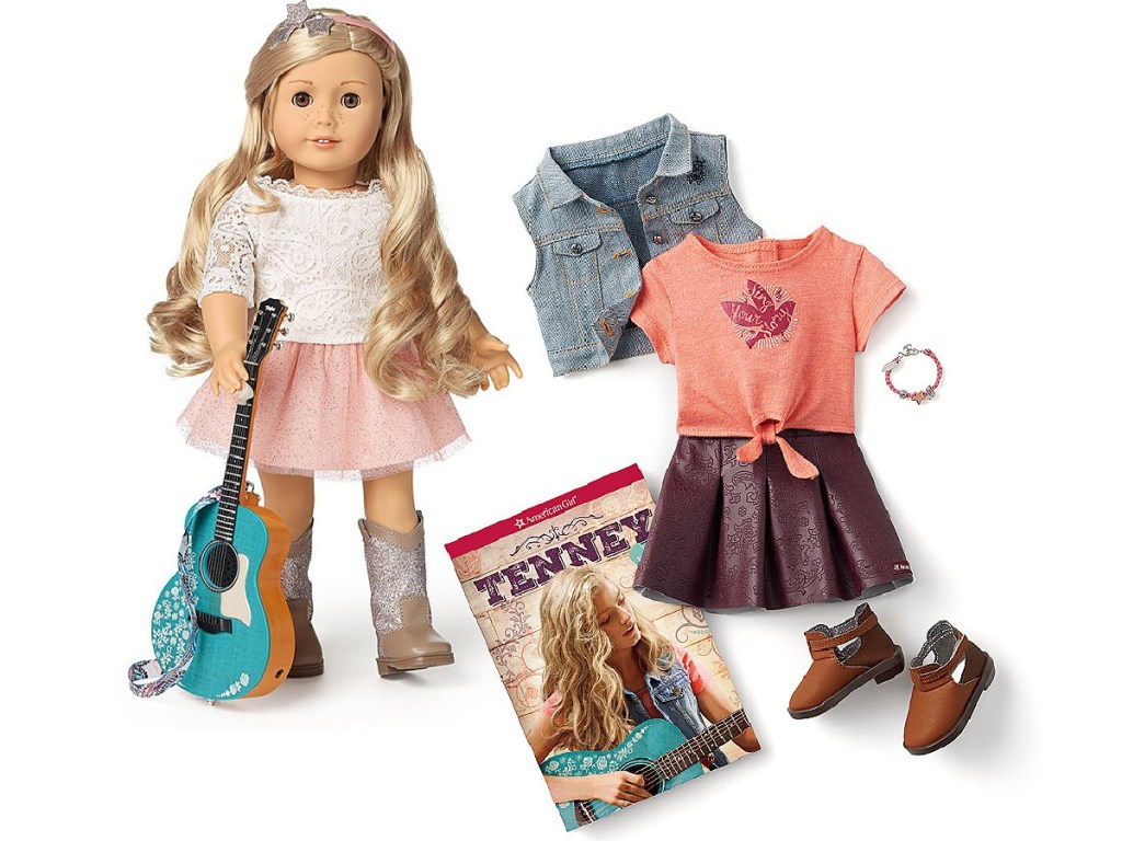 American Girl doll, guitar, clothing, jewelry, and book accessories