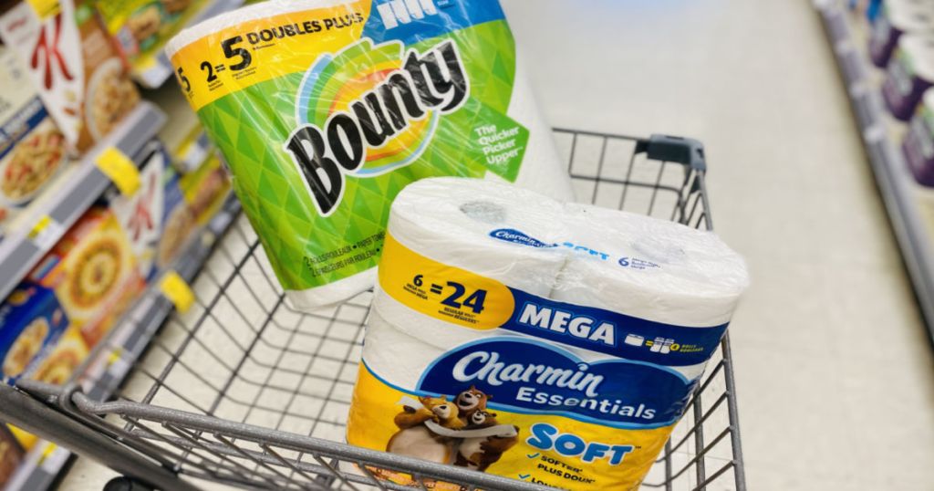paper towels and toilet paper in cart 