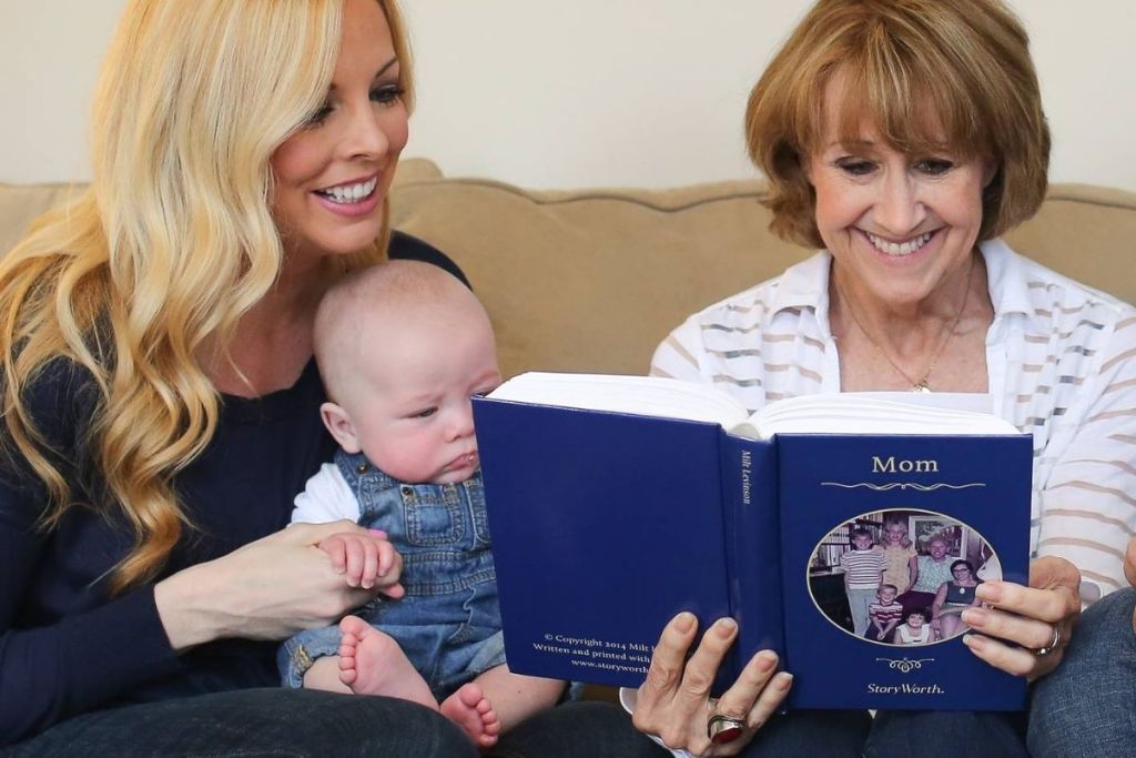 A mother and a daughter reading a StoryWorth book together on a couch