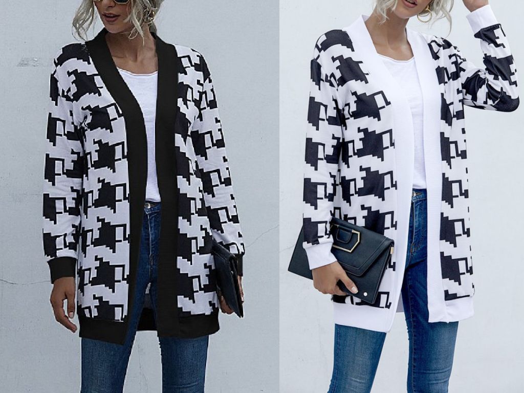 two women wearing Floral Blooming White & Black Houndstooth Open Cardigan
