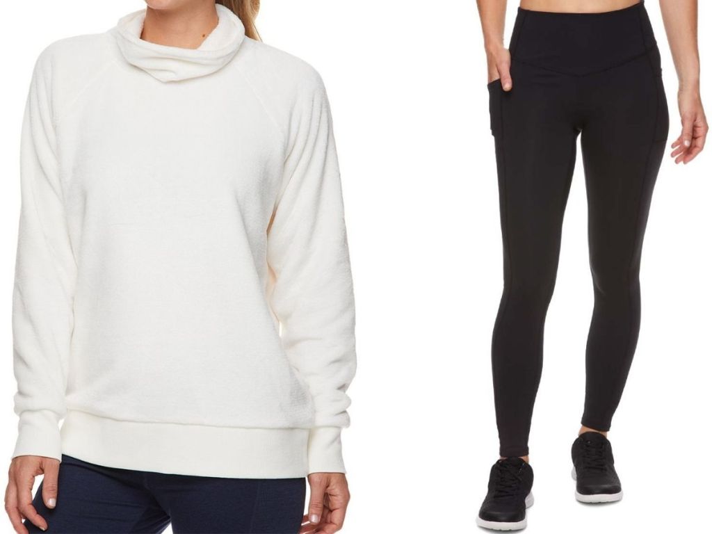 Two women wearing Gaiam cowl neck sherpa top and slim high rise yoga pants