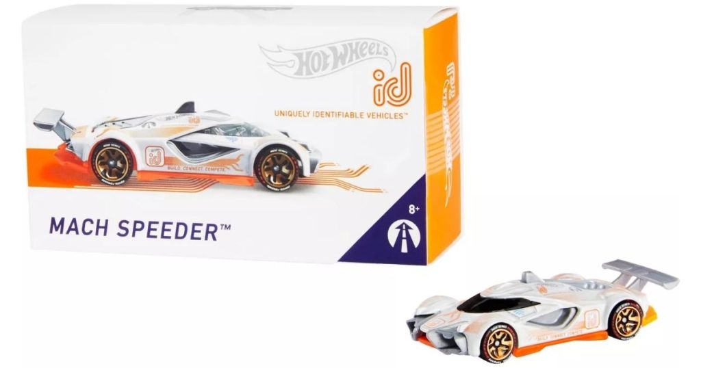 Hot Wheels id Mach Speeder next to packaging