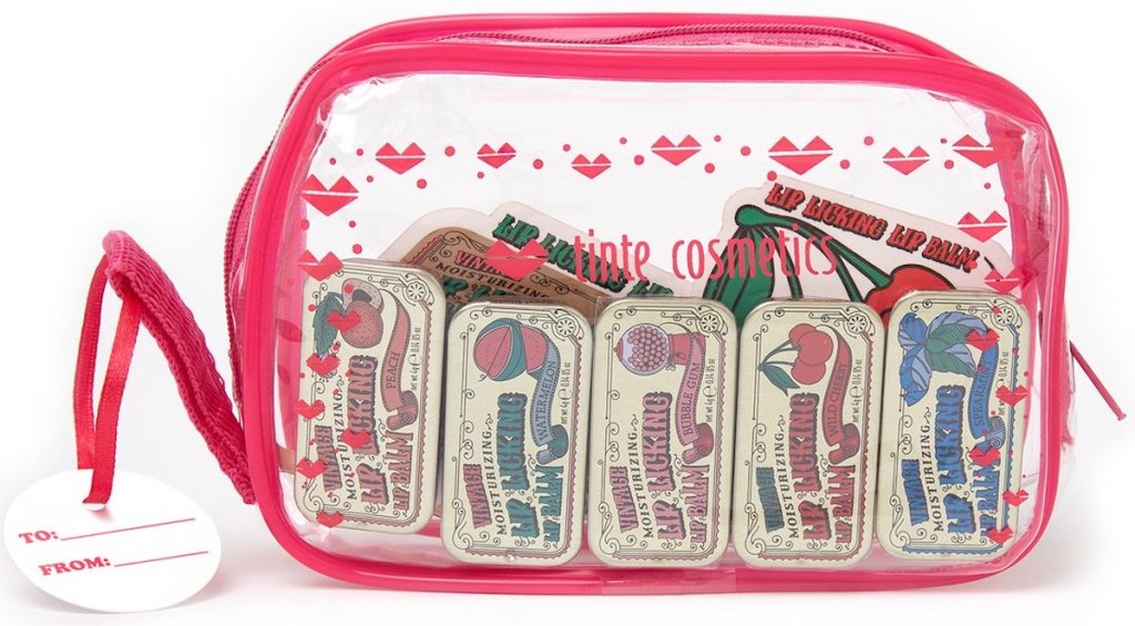 clear pink and heart bag with 5 lip licking products