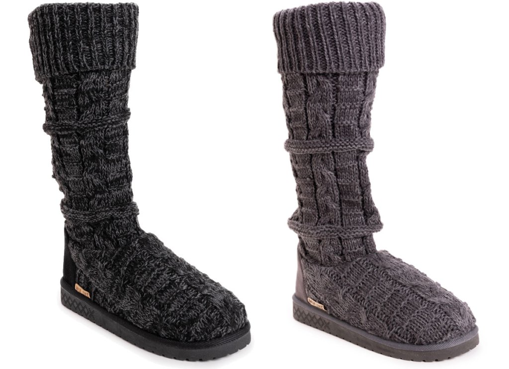two pairs of muk luks sweater boots in black and dark grey colors
