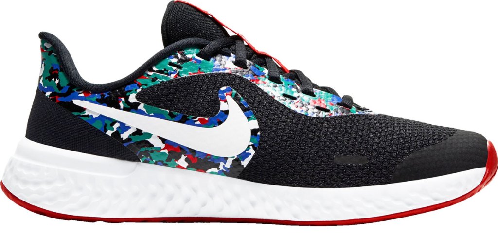 black nike running shoe with white, green, red, and blue abstract print accents outlining nike logo and laces