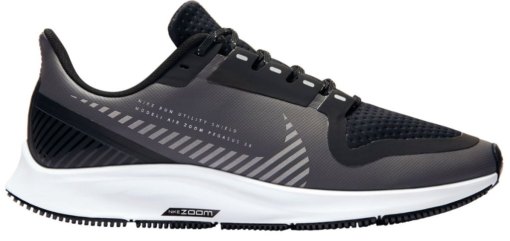 black and grey nike running shoe with stripes nike logo