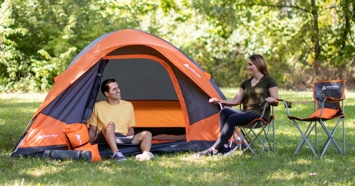 Couple outdoor camping with matching camping gear