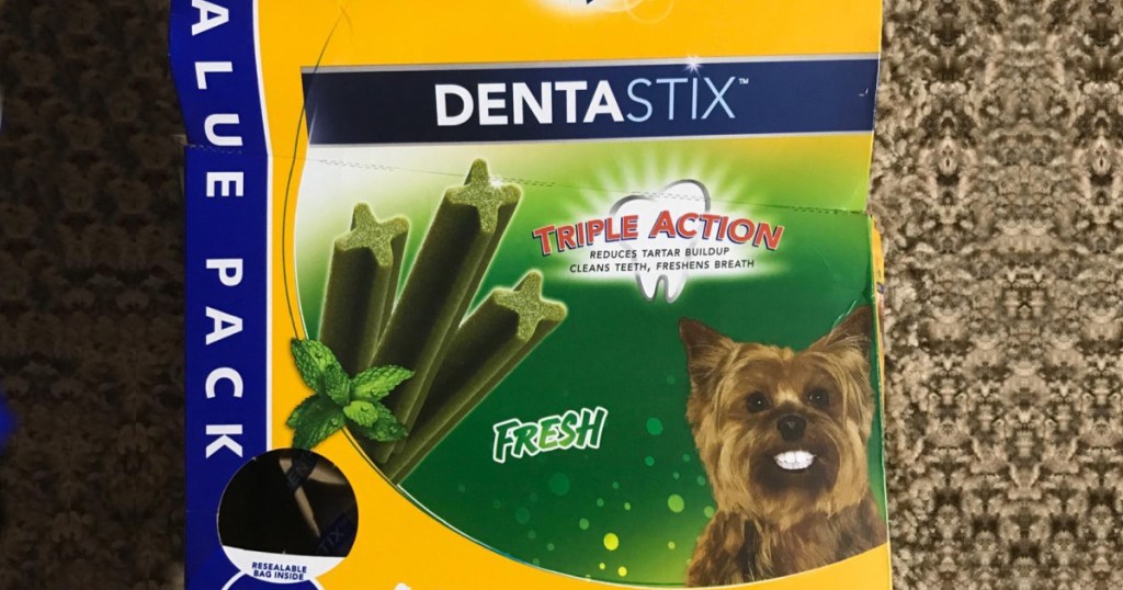 Pedigree dentastix fresh mint box laying on carpet