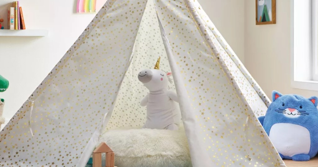 unicorn throw pillow in a kids tent