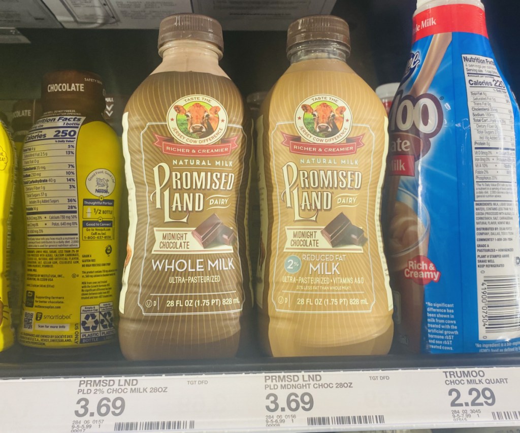 bottles of chocolate milk on store shelf