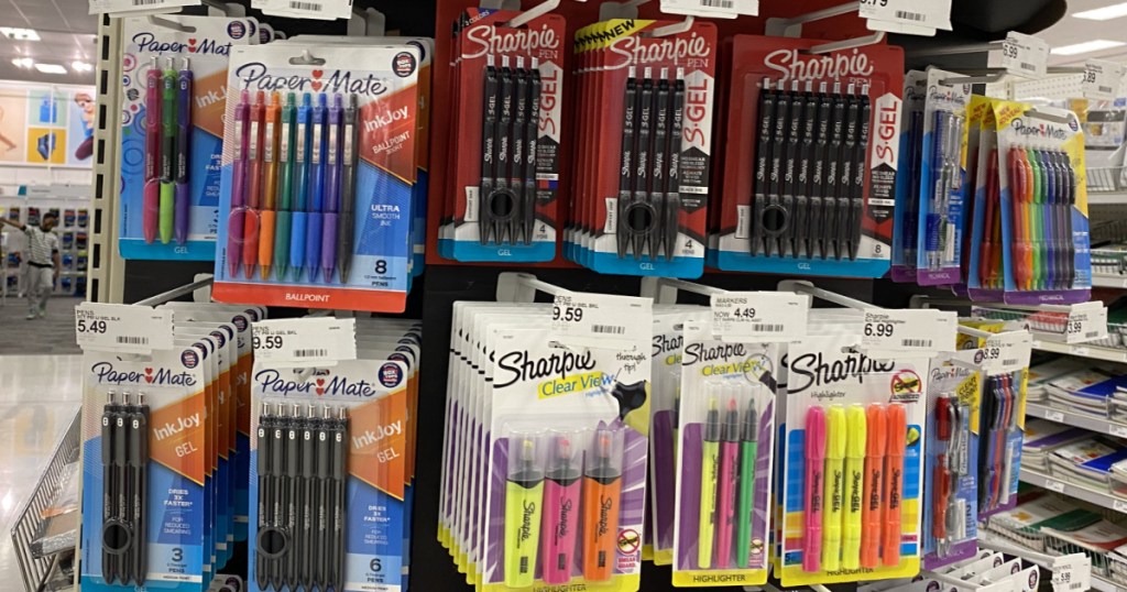 pens, pencils, and highlights hanging on store display