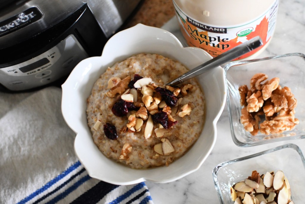 A bowl of slow cooker steel cut oatmeal 