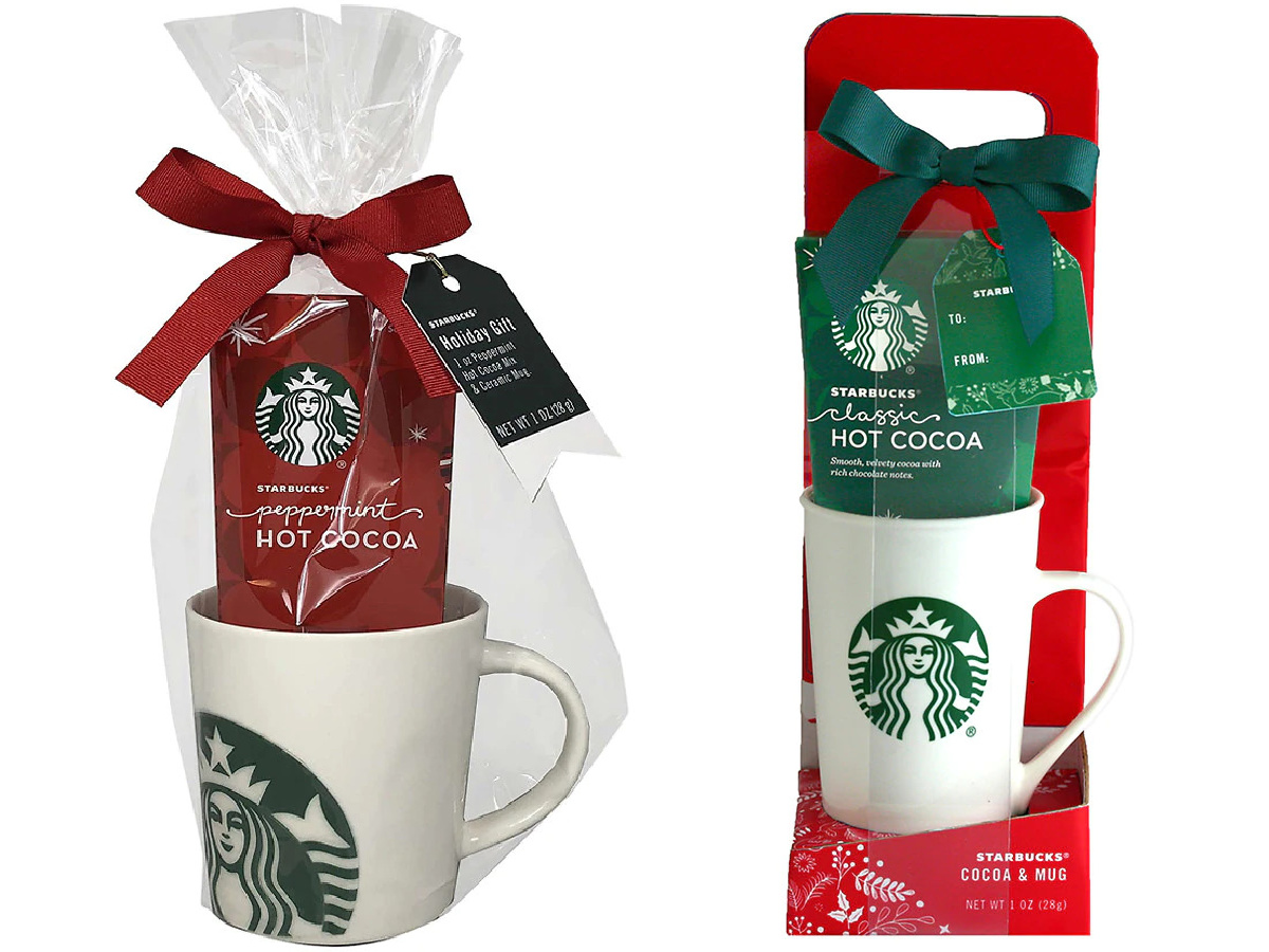 stock images of starbucks coffee, cocoa, and mug giftsets