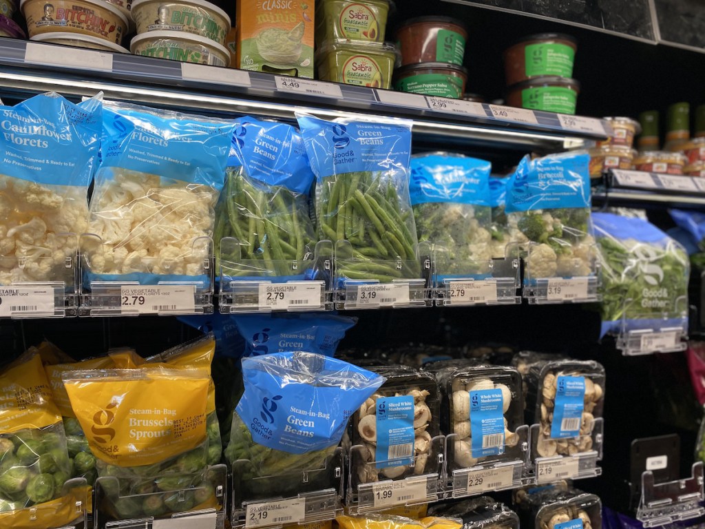 target shelf with assorted good and gather veggies