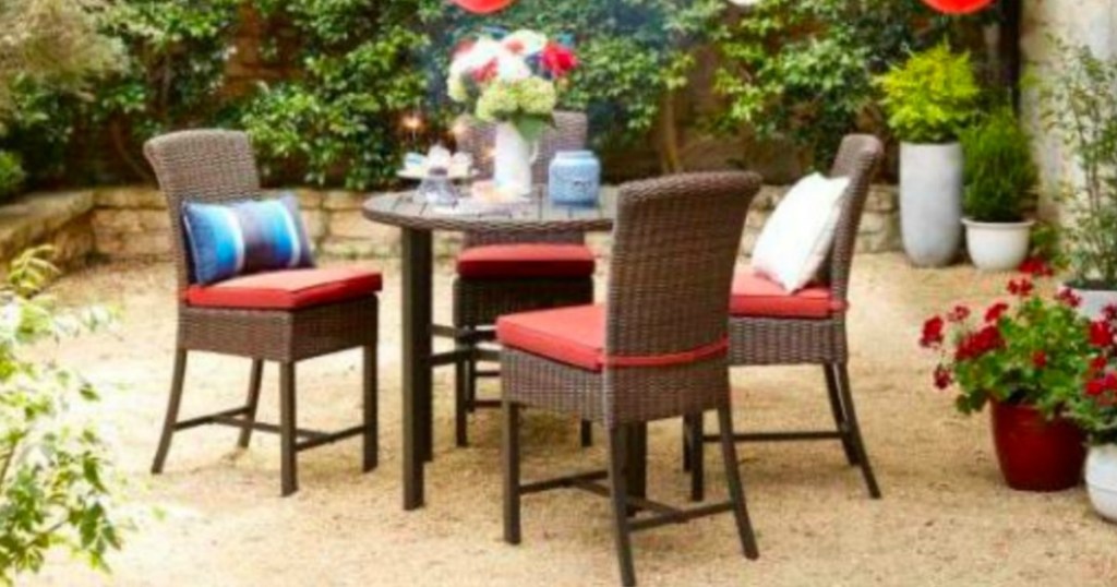 the home depot patio furniture set up outside with decor