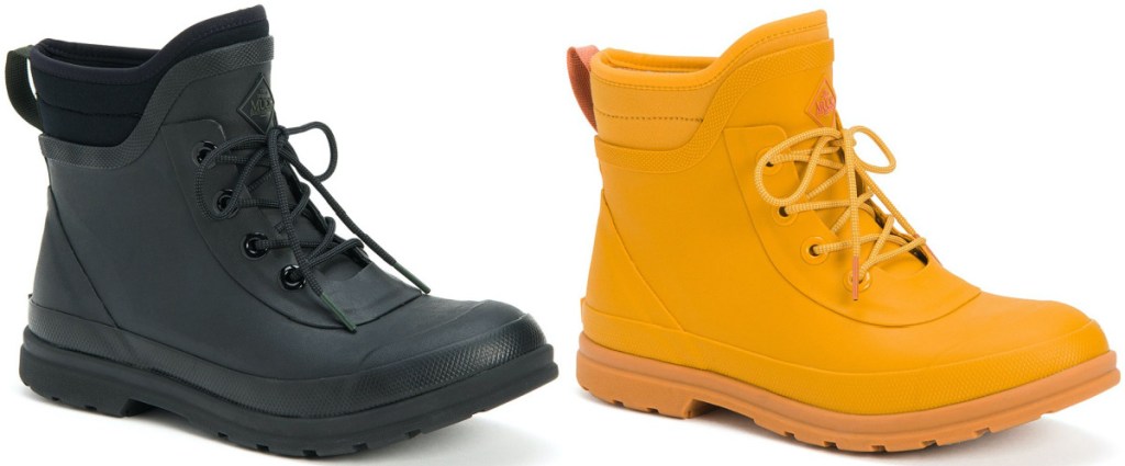 women's black rain bootie and yellow rain bootie