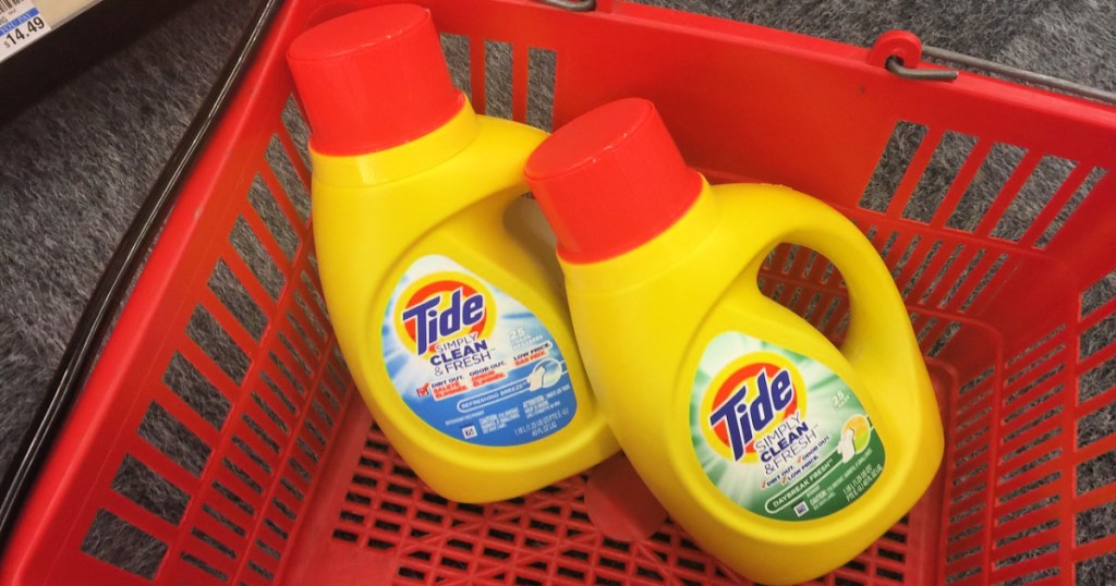 Tide Simply Clean & Fresh detergent bottles in cvs basket