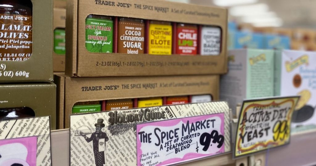 Trader Joe's The Spice Market Box on shelf with sign
