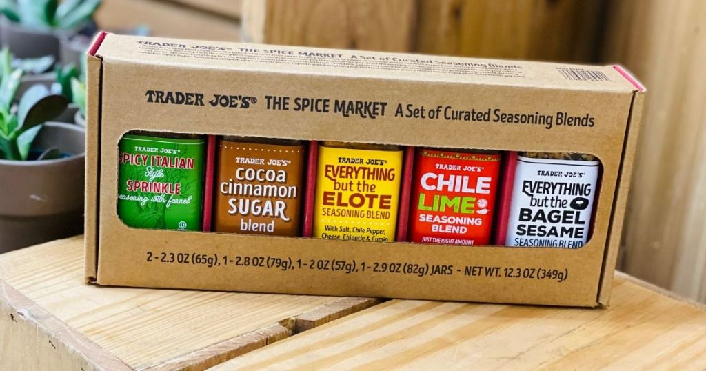 Trader Joe's The Spice Market Spices sitting on wooden crate