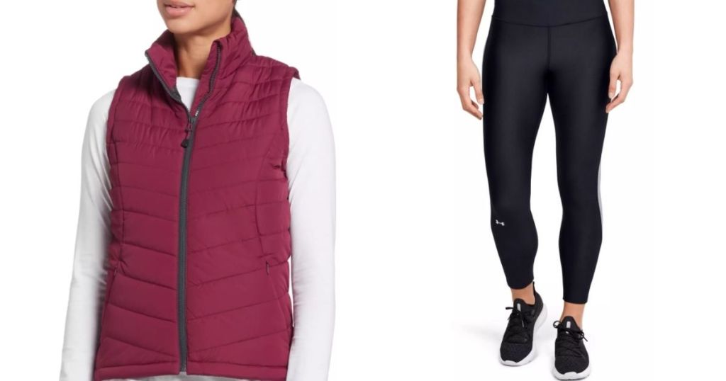 woman modeling a vest and leggings