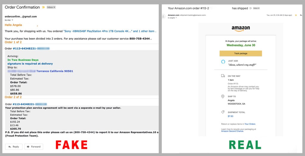 amazon scam email comparison