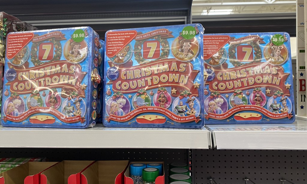 disney christmas countdown tin in store at walmart