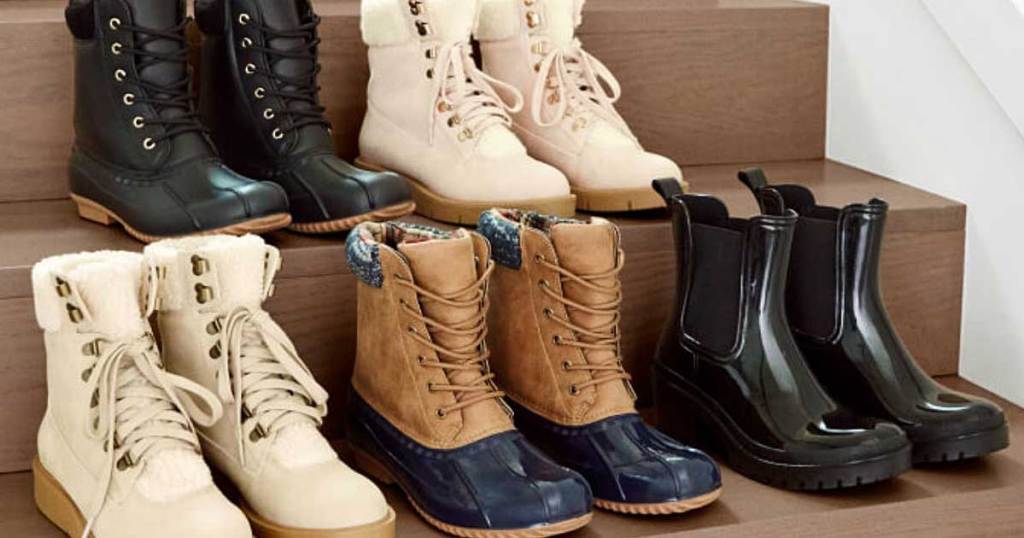 five paris of duck boots in all different styles on stairs