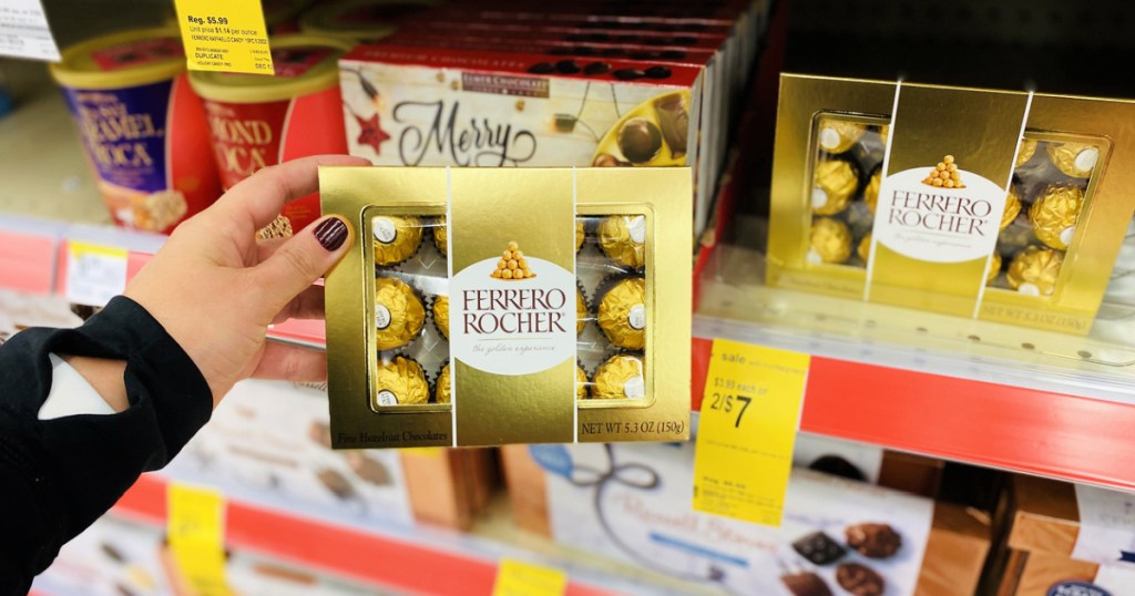 ferrero chocolates in hand at Walgreens