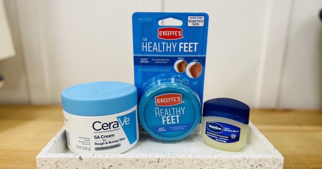 various types of dry foot cream remedies on table 