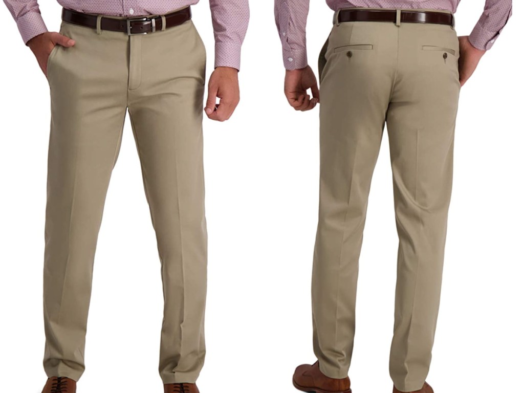 man wearing haggar khakis facing front and back