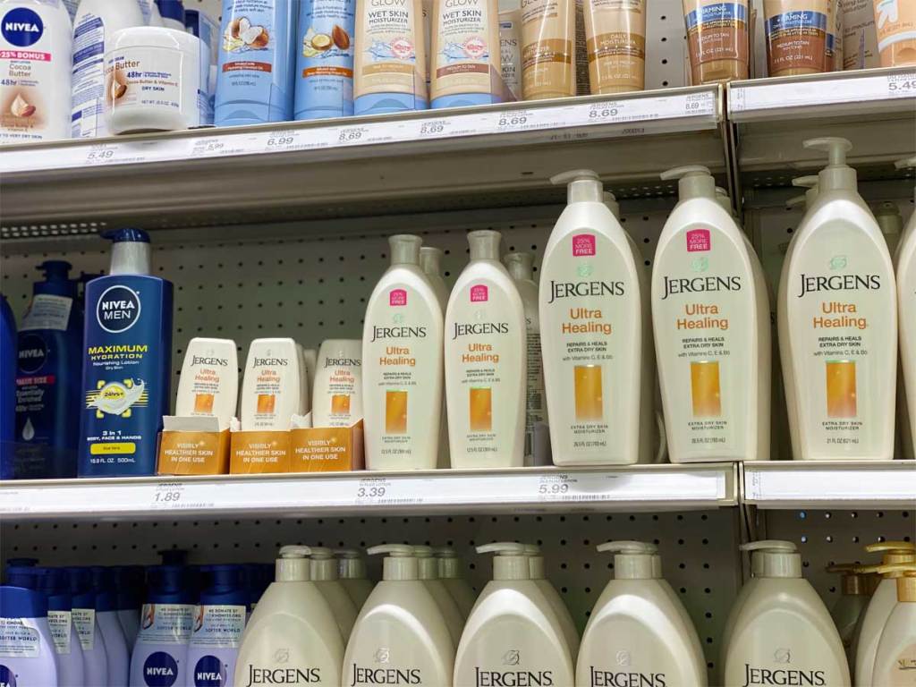 bottles of lotion on shelves in stores