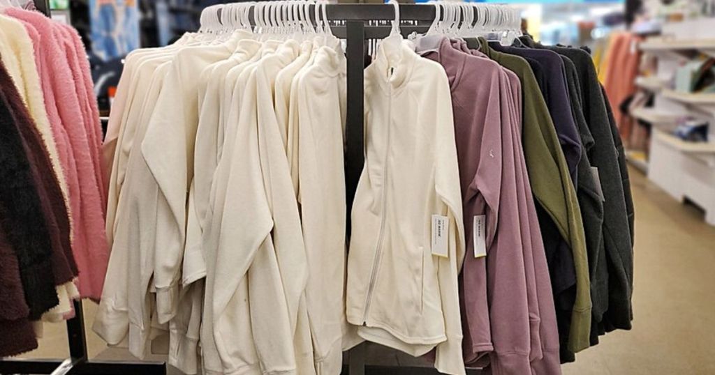 micro fleece jackets on a display in store