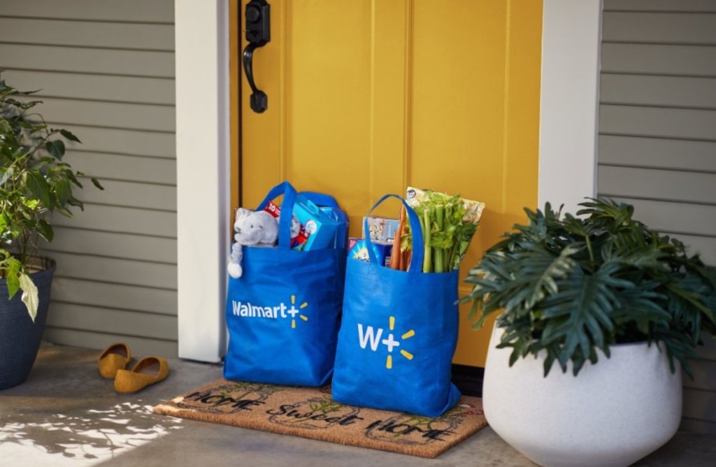 Walmart grocery bags on porch