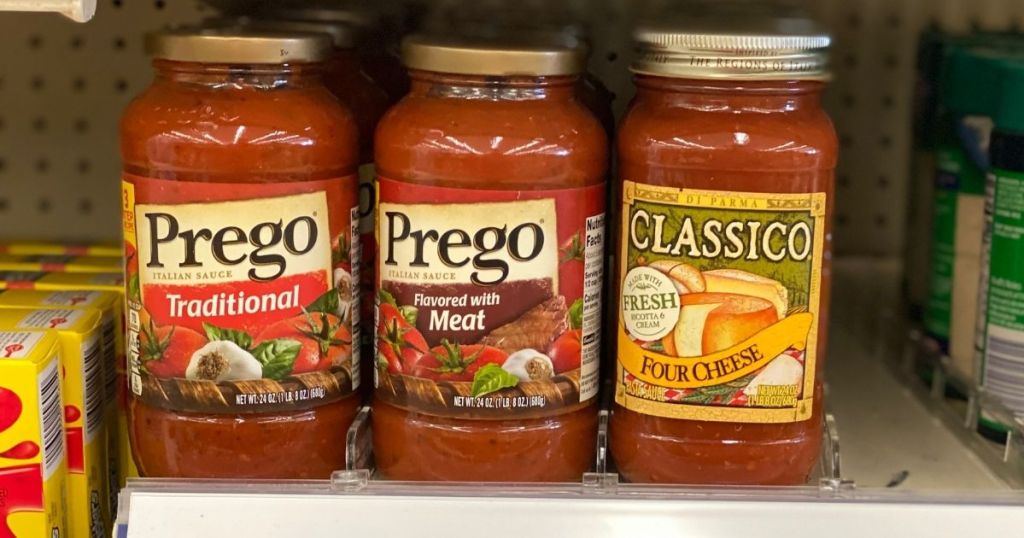 3 Kinds of Prego Pasta Sauce on shelf