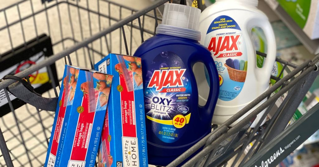 laundry detergent and storage bags in cart