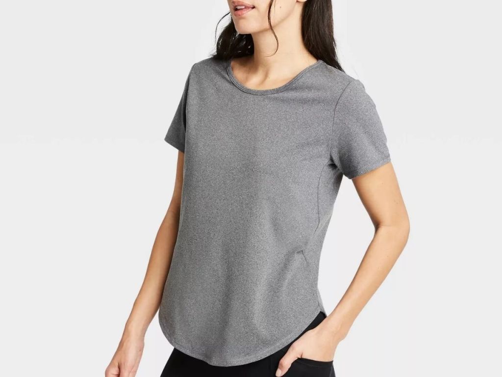 lady wearing gray All In Motion Short Sleeve Tshirt