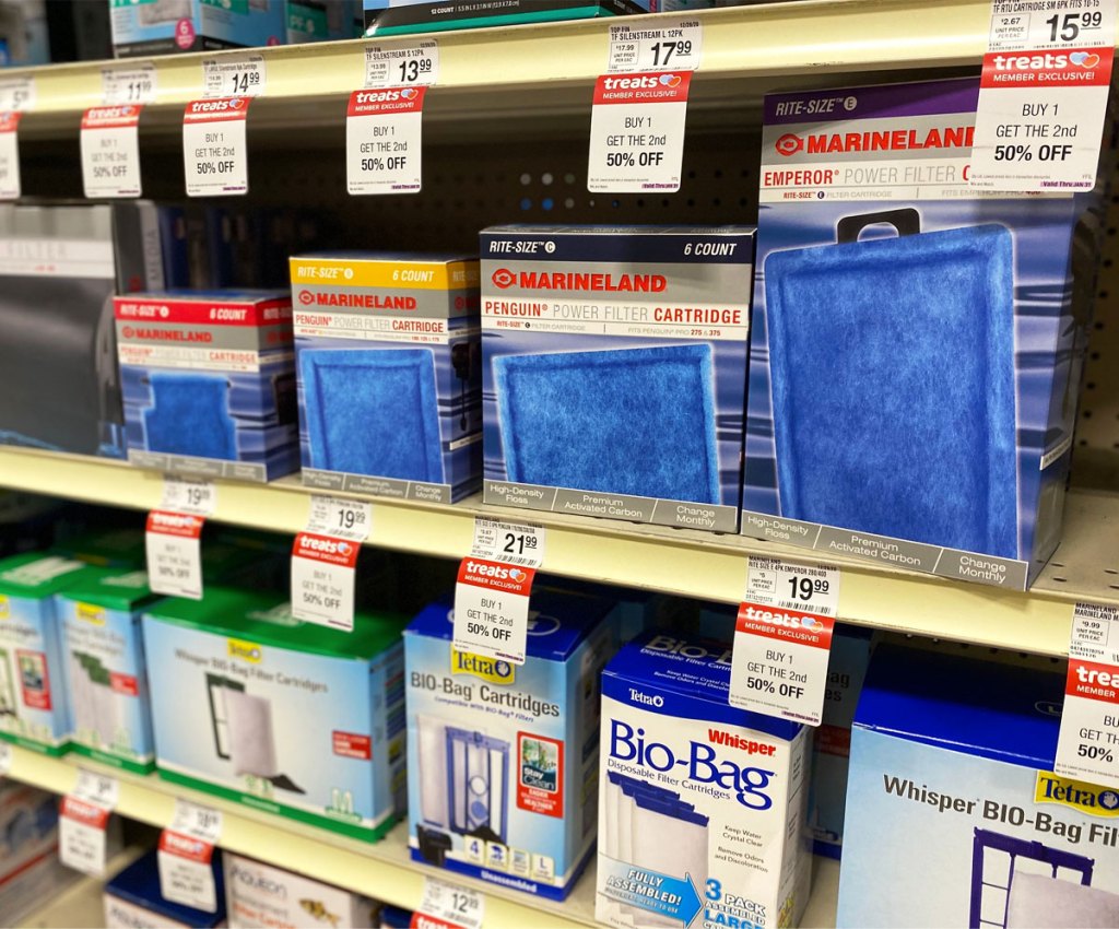 shelves of carbon fish tank water filters at petsmart