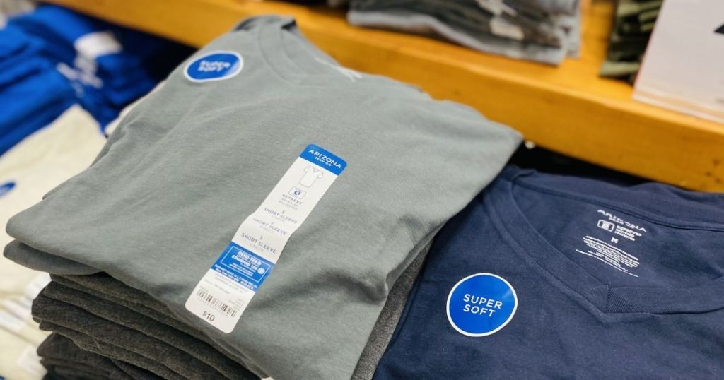 gray and blue Arizona Men's V-neck Tee Shirts on display