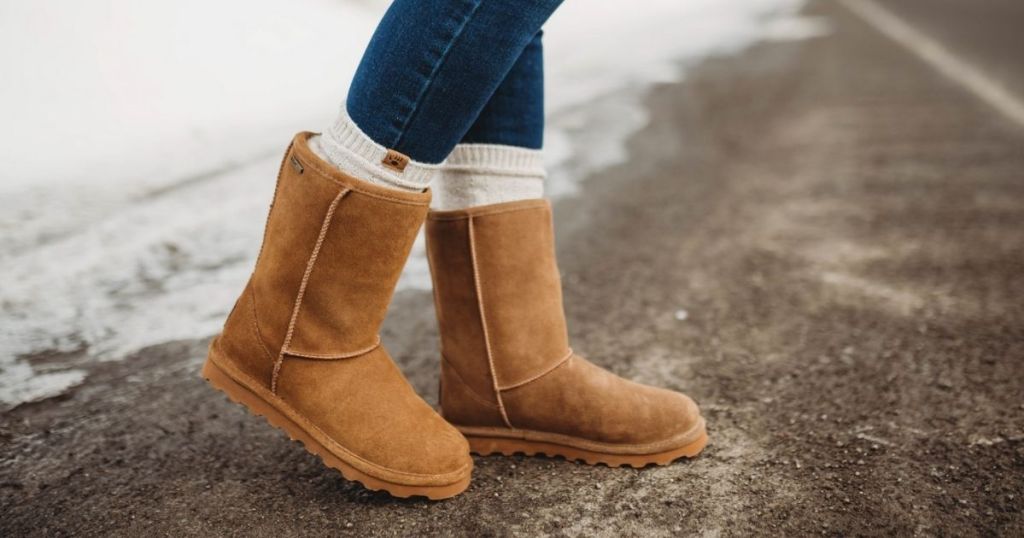 Bearpaw Helen walking on snowy sidewalk