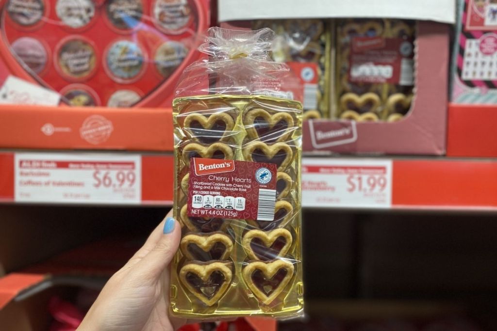 hand holding Benton's Cherry or Strawberry Shortbread Hearts