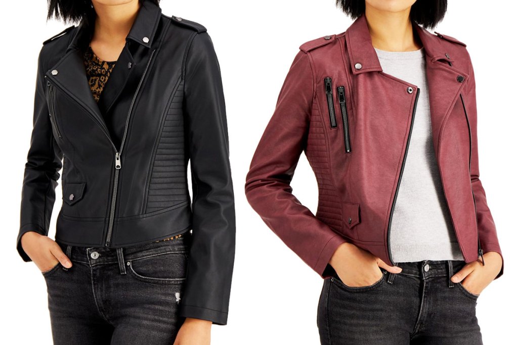 two women modeling leather jackets in black and maroon colors