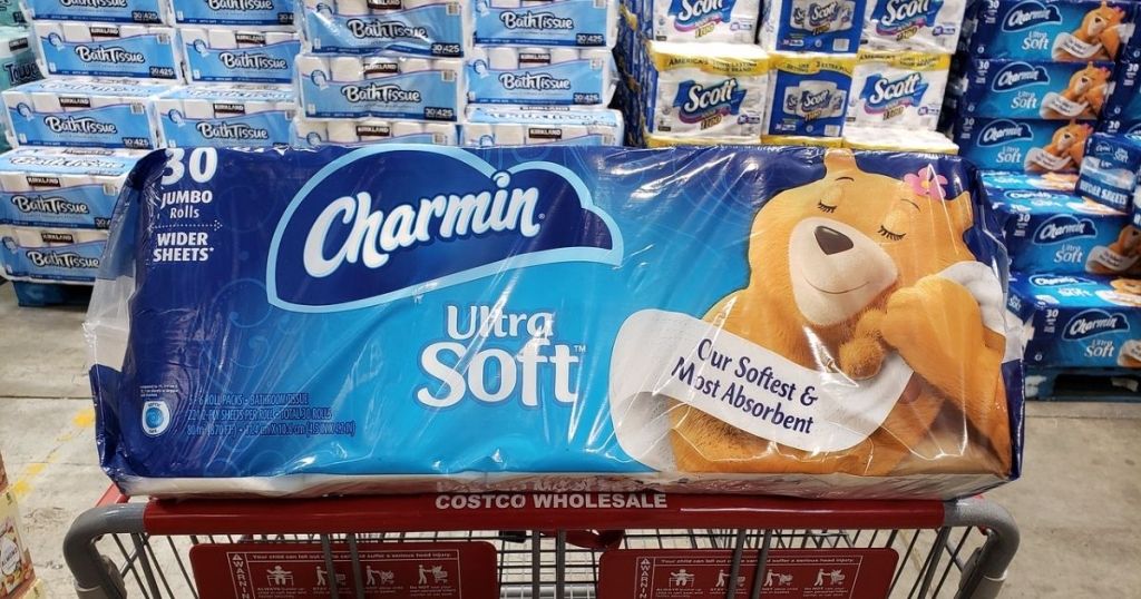 A large package of toilet paper in a Costco shopping cart